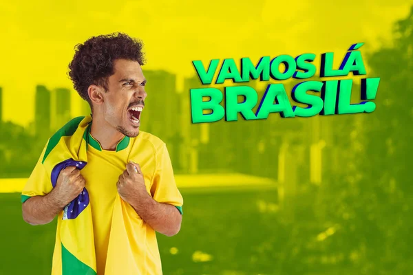 Handsome Black Man Brazil Player Holding Brazil Flag Cinematic Background — стокове фото