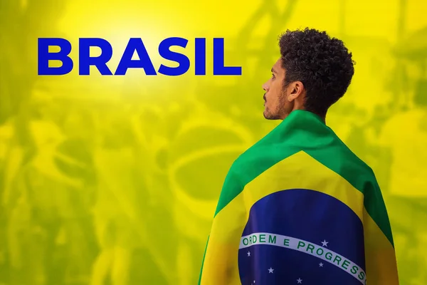 Handsome Black Man Brazil Player Holding Brazil Flag Cinematic Background — стокове фото