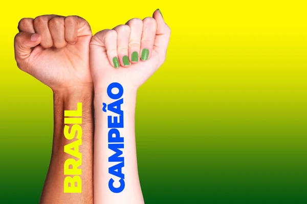 Brazilian Fans Multiethnic Hands Shaking Cinematic Background Social Media Copy — Stock Photo, Image