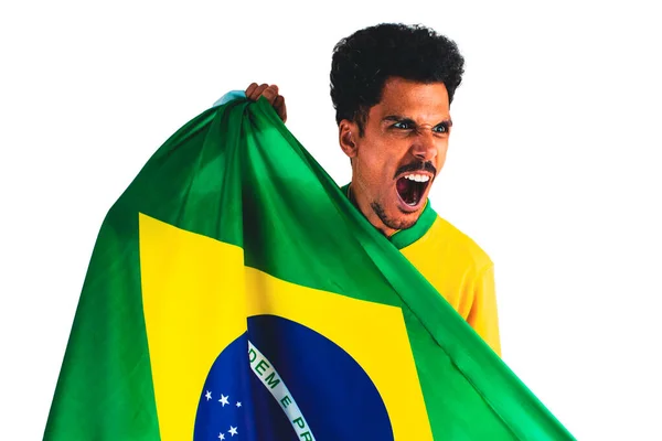 巴西足球运动员在白色背景下庆祝 黑人足球运动员举旗的戏剧化肖像 — 图库照片