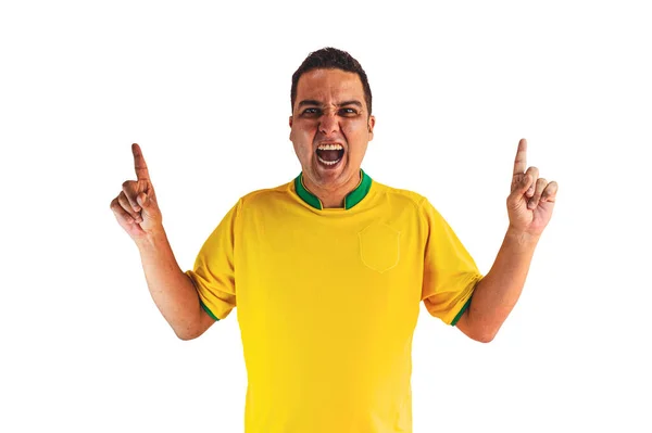 Braziliaanse Voetballer Viert Feest Een Witte Achtergrond Dramatische Portret Van — Stockfoto
