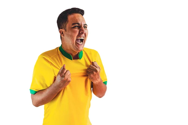 Brazilský Fotbalista Slaví Bílém Pozadí Dramatický Portrét Černého Fotbalisty Držícího — Stock fotografie