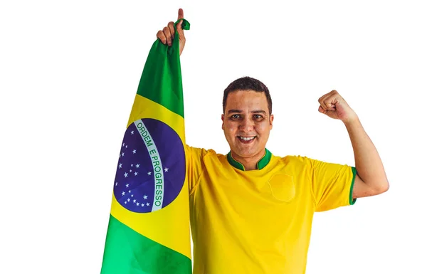 ブラジルのサッカー選手は白を背景に祝う ブラックサッカー選手持株旗の劇的な肖像 — ストック写真