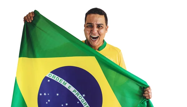 Jucătorul Brazilian Fotbal Sărbătorește Fundal Alb Portretul Dramatic Unui Jucător — Fotografie, imagine de stoc