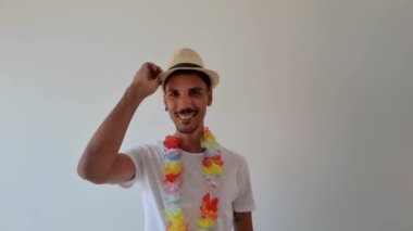 Carnival Party Outfit. Brazilian Tourist With Carnival Costume Amazed Isolated on White