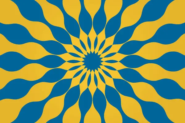 Sarı arka planda mavi yaprakların patlama etkisi. Dekoratif yastıkların üzerine basmak için soyut dairesel desen, iç tasarım. Vektör.