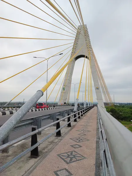Pekanbaru, Endonezya - 20 Ocak 2025: Pekanbaru City 'deki Siak IV Köprüsü' nden arabalar ve motosikletler geçiyor.