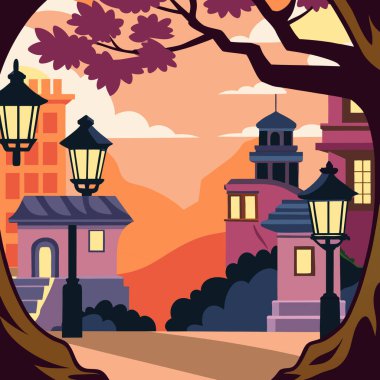 Urban Halloween Scene with Ancient Buildings Vector Art Illustration clipart