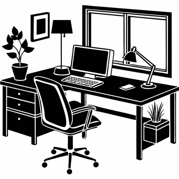 Modern ofis çalışma alanı siluet vektör resim ikonu tasarımı. Profesyonel ortamları, üretkenlik araçlarını ve kurumsal ayarları dijital ve yazdırma biçimlerinde temsil etmek için mükemmel.