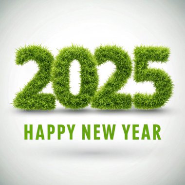 2025 Grass Text Happy New Year Greeting Nature-Inspired Eco-Friendly Holiday Celebration Design clipart