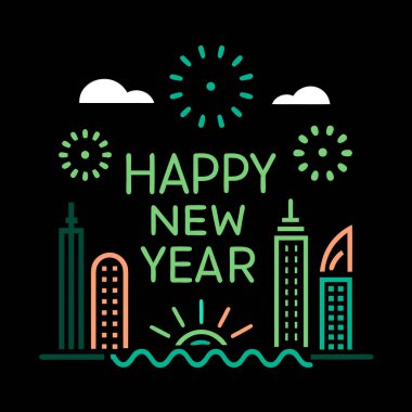 Vibrant Happy New Year Celebration with Fireworks and Cityscape Illustration clipart