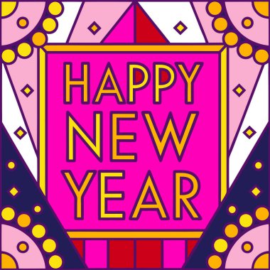 Vibrant Happy New Year Celebration with Fireworks and Cityscape Illustration clipart