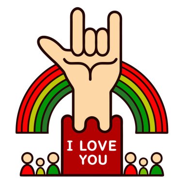 I Love You Sign Language Hand with Rainbow and Community Vector Illustration clipart