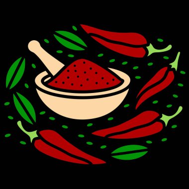 Mortar ve Pestle Vektör İllüstrasyonlu Chili Powder ve Red Peppers