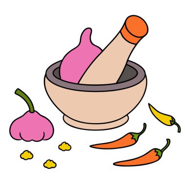 Mortar ve Pestle Vektör İllüstrasyonlu Chili Powder ve Red Peppers