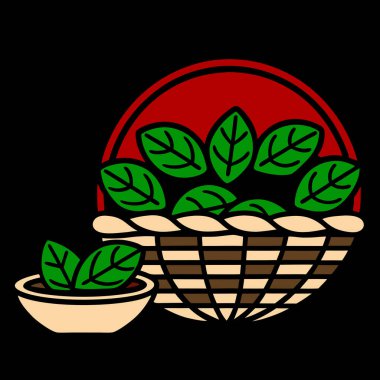 Basil Leaves in Basket with Small Bowl of Dried Basil Vector Illustration clipart