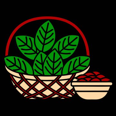 Basil Leaves in Basket with Small Bowl of Dried Basil Vector Illustration clipart