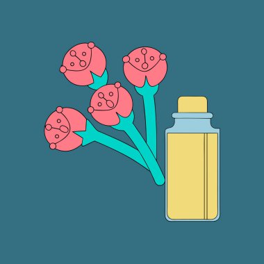 Clove Buds with a Small Bottle of Clove Essential Oil Aromatherapy Vector Illustration Design clipart