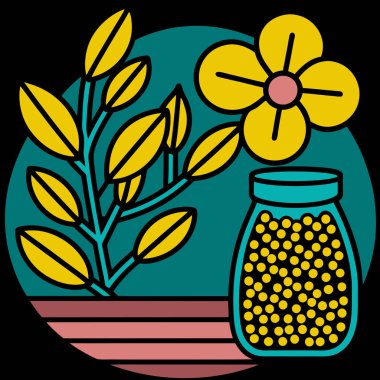 Mustard Seeds in Small Glass Jar with Mustard Plant in Background Vector Illustration Design clipart