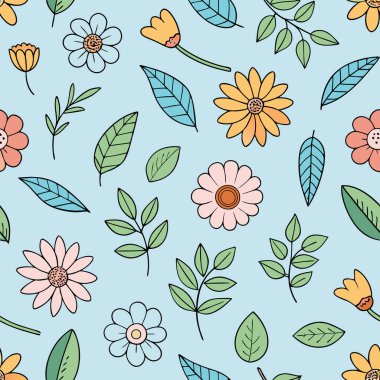 Renkli Çiçekler ve Yeşillik Çizimi Vektör Tasarımı ile Kusursuz Çiçek Deseni