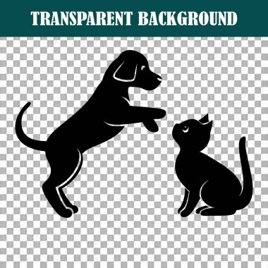 Büyüleyici bir siluet tarzında meraklı bir kediyle eğlenceli bir şekilde etkileşen bir köpeğin oyuncu bir çizimi