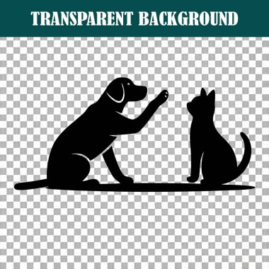 Siluetli bir kedi ve köpek sevimli, eğlenceli bir etkileşim içindeler.