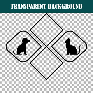 Bir kedi ve köpeğin siluetini gösteren zarif bir amblem. Temiz çizgiler ve geometrik şekiller