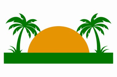 Bu vektör illüstrasyonunda canlı bir tropikal gün batımı sahnesi resmedilir. Siluetli palmiye ağaçları ve yemyeşil çimenler, güneşin ufukta battığı, parlak turuncu renklerle gökyüzünü boyadığı sakin bir plaj ortamı yaratıyor. Bu vektör gra