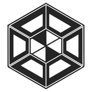 Bu çarpıcı vektör grafiği, altıgen şekilli modern, minimalist bir geometrik tasarım sergiliyor. Siyah ve beyaz soyut illüstrasyon, bir küp veya yapıyı andıran güçlü bir görsel etki yaratır. Vektör temiz çizgiler ve optik
