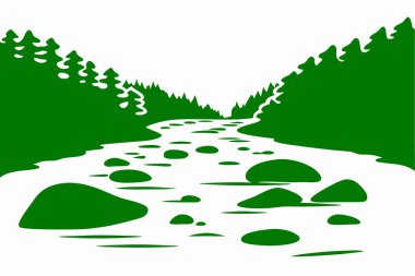 Çarpıcı yeşil bir siluet, bereketli bir orman manzarasında kıvrılan huzurlu bir nehri temsil ediyor. Vektör çizimi açık havanın doğal güzelliğini yakalıyor, ayrıntılı ağaçlar kıyıları ve kayalık taş oluşumlarını kaplıyor. Bu manzaralı görüntü...