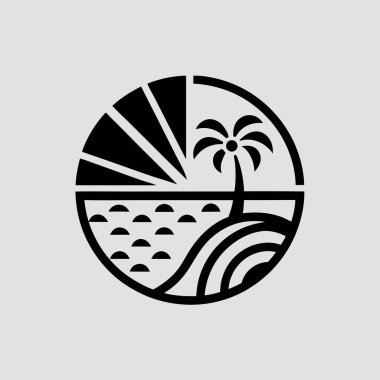 Minimalist ve zarif siyah-beyaz bir illüstrasyonda tropik bir plaj amblemi bulunur. Mükemmel bir çemberin içinde, bir palmiye ağacı ve okyanus silueti canlı bir günbatımında yıkanır ve sakin bir sahil sahnesi yaratır. Bu çok yönlü vektör tasarımı ideal