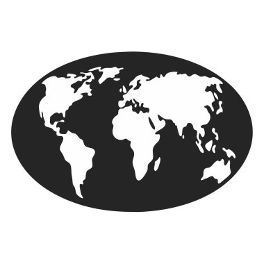 Basitleştirilmiş, siyah beyaz vektör çizimi zarif oval bir dünya haritası sunar. Bu çok yönlü küresel grafik kıtaları ve ülkeleri minimalist, tek renkli bir şekilde gösteriyor. Tasarım ögesi, simge veya simge olarak kullanmak için ideal 