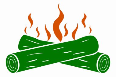 Basit bir vektör illüstrasyonu parlak turuncu alevlerle dolu parlak yeşil bir kamp ateşi sunar, el değmemiş beyaz bir zemin üzerine kurulmuştur. Tasarımda stilize ahşap kütükler yer alıyor ve sıcaklık ve yaz sezonunu çağrıştırıyor. Bu çok yönlü grafik 