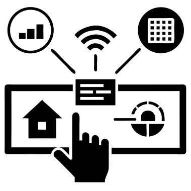 Projelerinizi akıllı ev otomasyonunu gösteren bu parlak vektör simgesi ile geliştirin. Tasarım, kontrol seçeneklerini gösteren dokunmatik ekran arayüzü içeriyor, ev teknolojisine kablosuz bağlantıyı sembolize ediyor. Bu vektör illüstrasyonu