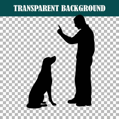 Siluetli bir görüntü, bir insan ve bir köpek arasındaki etkileşimi yakalar. Köpek dikkatlice oturur.