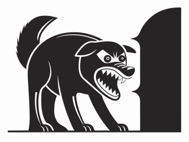 Tehditkar bir illüstrasyon, kızgın hırıldayan bir köpeği sert bir hırıltıyla, keskin dişlerini siyah ve beyaz bir siluette göstermektedir. Bu vektör illüstrasyonu bir köpeğin öfke ve hiddet halindeki agresif doğasını yakalar. Tasarımlar için mükemmel