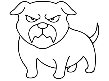 Bir minimalist çizgi film çizimi kızgın bir buldogu tasvir eder. Bu siyah beyaz vektör, çatık kaşları ve çatık kaşları olan huysuz bir köpek resmi çiziyor. Oyuncu tasarım projeleri için ideal, klip çıkartma yapmak için mükemmel.
