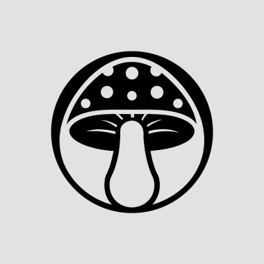 Minimalist ve şık bir vektör illüstrasyonunda gri bir arkaplan karşısında dairesel çerçevede bir mantar simgesi sergilenir. Bu çok yönlü grafik, basit bir siyah-beyaz tasarımı içerir, bir logo, amblem veya tasarım elemanı olarak hizmet verebilir. İzole edilmiş mü