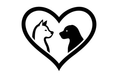Sevgi dolu bir siluet, kırılmaz dostluğu ve arkadaşlığı simgeleyen bir kalp oluşturan kedi ve köpeği tasvir eder. Bu minimalist siyah-beyaz vektör çizimi markalaşma, logo tasarımı veya Sevgililer Günü içeriği için idealdir. Sevimli ve sevimli