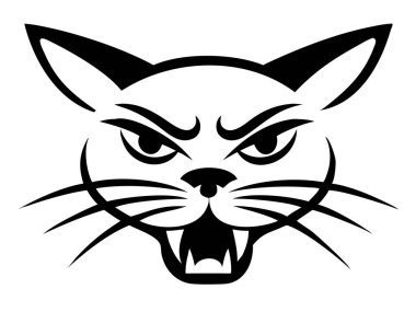 Çarpıcı bir siyah-beyaz vektör grafiği vahşi bir kedinin öfkeli yüzünü gösteriyor, saldırganlığı ve gücü mükemmel bir şekilde yansıtıyor. Bu minimalist tasarım keskin dişlerini, keskin gözlerini ve dişli pençelerini vurgulayan hırıltılı bir kedi avcısını sergiliyor.. 