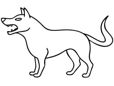 Sert bir siyah-beyaz vektör çizimi, sert hatlarıyla kızgın bir köpeği tasvir eder. Çıplak dişler, kıvrık kuyruk ve tetikte bir duruş sergileyen bu minimalist köpek dişi sanatı, saldırganlık gerektiren tasarımlar için mükemmeldir. İdeal