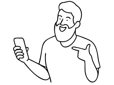 Minimalist siyah beyaz bir resimde akıllı telefonu işaret ederken mutlu bir şekilde gülümseyen sakallı bir adam görülüyor. Bu detaylı vektör illüstrasyonu, sakallı, yetişkin bir erkeğin cep telefonuyla meşgul olduğunu gösteriyor.