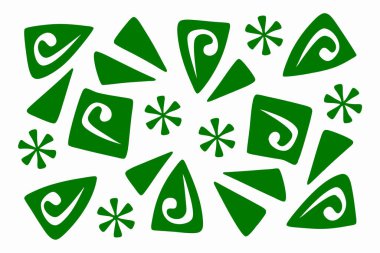 Dinamik yeşil soyut vektör illüstrasyonunda birbirine dokunmuş girdaplar, üçgenler ve kareler, hassas kar tanesi şekilleriyle süslenmiş karmaşık bir geometrik tasarım yer alır. Parlak desen, temiz beyaz bir arkaplana göre ayarlanmış. Bu çok yönlü tasarım