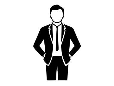 Çarpıcı bir siluet, resmi giyinmiş bir iş adamını resmediyor. Bu vektör illüstrasyonunda takım elbiseli ve kravatlı bir adam, elleri cepte, kendinden emin ve profesyonel bir tavır sergiliyor. Beyaz arkaplandaki siyah beyaz monokrom tasarımı... 