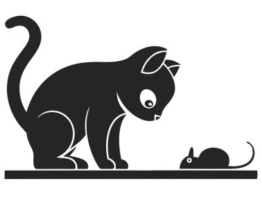 Çarpıcı bir siyah siluet, beyaz bir zemin üzerinde küçük bir fareyi dikkatle gözlemleyen meraklı bir kedinin özünü yakalar. Bu monokrom illüstrasyon basit, minimalist bir tasarım içinde kedi bir evcil hayvan içerir, p gibi kavramları iletmek için mükemmeldir.