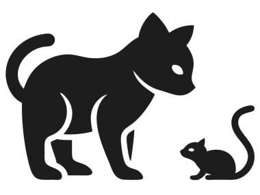 Bir vektör illüstrasyonu çarpıcı bir kontrastı içerir: büyük, ayrıntılı bir kedi basit bir siyah kedi ikonuna bakar. Bu eşsiz grafik, markalaşma veya tasarım projeleri için mükemmel bir ikili tasvir ediyor. Görüntü 