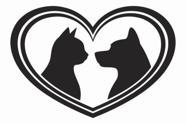 Sevgi dolu bir kedi ve köpeğin kalp şeklini oluşturduğu iç açıcı bir siluet tasarımı. Bu vektör illüstrasyonu sevgiyi, dostluğu ve evcil hayvanlar arasındaki özel ilişkiyi temsil eder. Hayvanlarla ilgili markalar, logolar, semboller ve grafik tasarımlar için ideal 