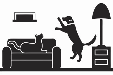 Büyüleyici bir siluet çizimi modern bir ev içinde kedi ve köpeğin etkileşimini gösteriyor. Siyah ve beyaz evcil hayvanlar kanepede dinleniyor ve zıplıyor, oyuncu etkileşimin özünü yakalıyorlar. Bu kadar basit.