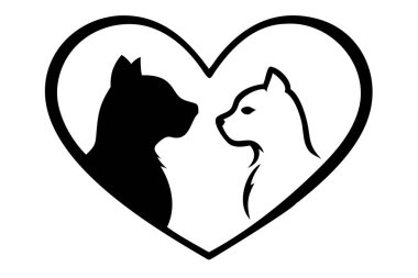 Bir minimalist, siyah ve beyaz siluet çizimi, sevgi ve sevgiyi simgeleyen, kalp şeklini oluşturan iki sevimli kediyi temsil eder. Bu grafik tasarımı Sevgililer Günü için mükemmel, romantik projeler, ya da evcil hayvanlarla ilgili markalaşma, arkadaşlık,