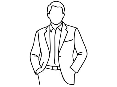 Basit ama zarif bir vektör çizimi kendine güvenen bir iş adamını takım elbise içinde tasvir eder. Bu yüzü olmayan siluet, temiz çizgi sanatında yapılmış, profesyonel kıyafetleri somutlaştırıyor. Siyah ve beyaz vektör kurumsal sunumlar ve tasarım projeleri için idealdir., 